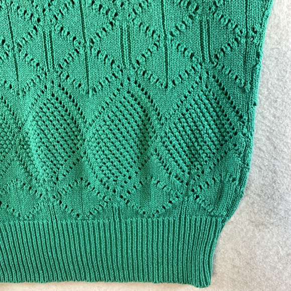 Vintage 80s Womens Sleeveless Cotton Open Knit Top Emerald Green Cottage Preppy - Picture 3 of 10